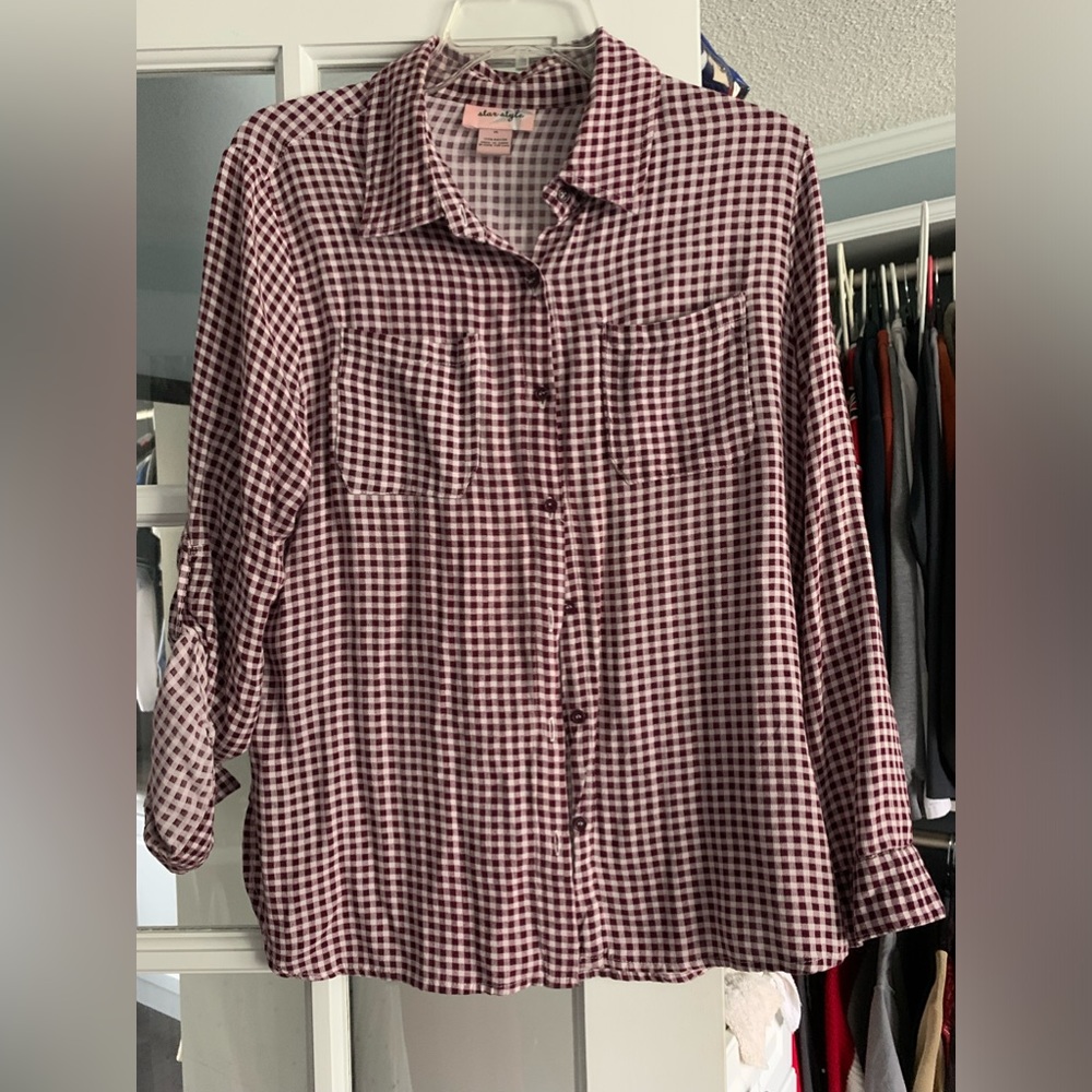 Burgundy small check light weight shirt.